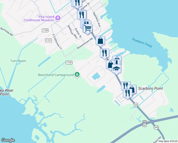 map of restaurants, bars, coffee shops, grocery stores, and more near 640 Vista Lake Dr in Manteo