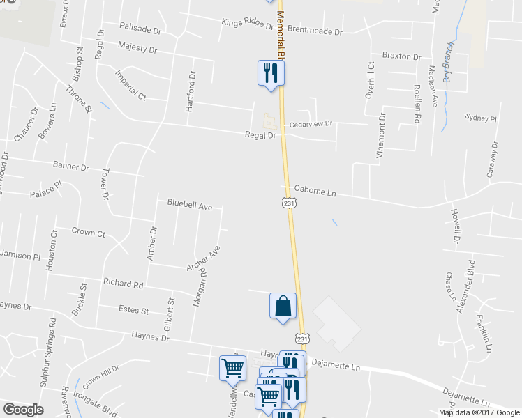 map of restaurants, bars, coffee shops, grocery stores, and more near 2697 Memorial Boulevard in Murfreesboro