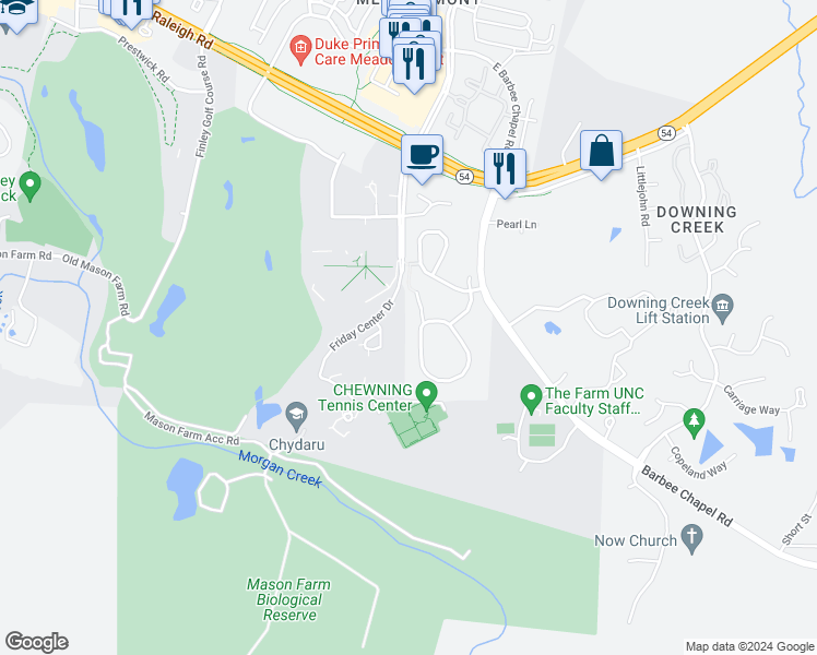 map of restaurants, bars, coffee shops, grocery stores, and more near 239 Summerwalk Circle in Chapel Hill