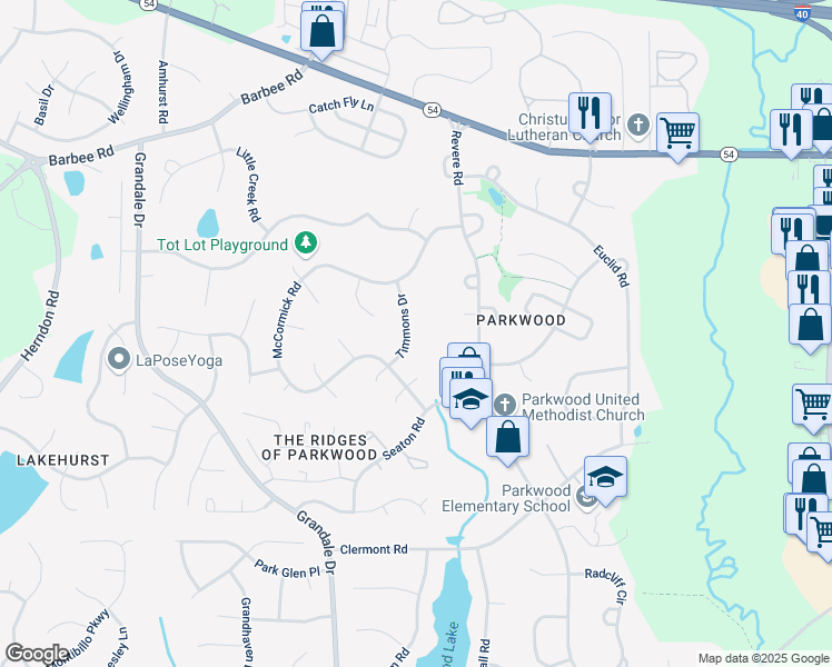 map of restaurants, bars, coffee shops, grocery stores, and more near 5113 Timmons Drive in Durham