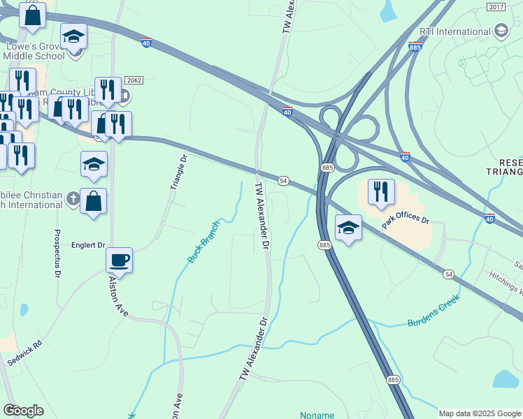 map of restaurants, bars, coffee shops, grocery stores, and more near 99 T W Alexander Drive in Durham