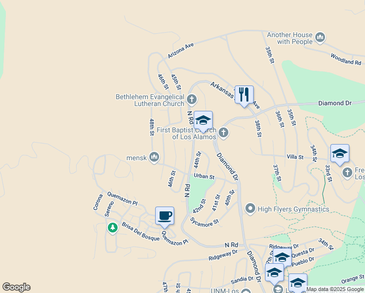 map of restaurants, bars, coffee shops, grocery stores, and more near 2178 45th Street in Los Alamos