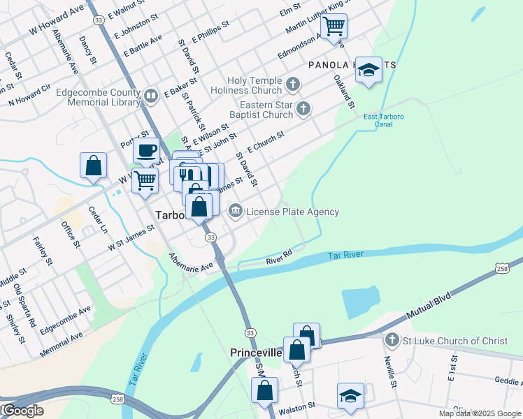 map of restaurants, bars, coffee shops, grocery stores, and more near 305 East Granville Street in Tarboro