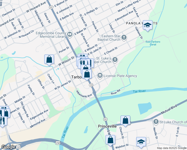 map of restaurants, bars, coffee shops, grocery stores, and more near 105 East Pitt Street in Tarboro