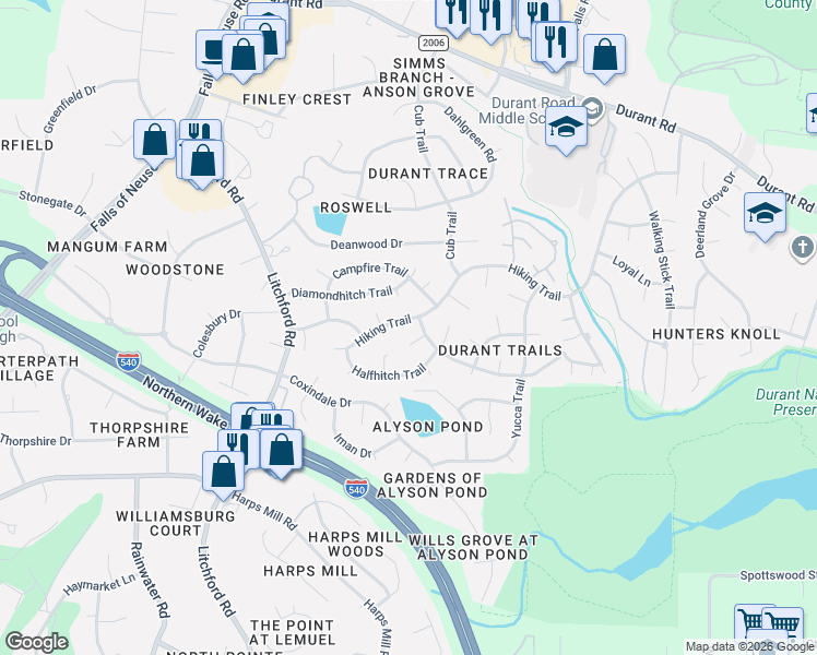 map of restaurants, bars, coffee shops, grocery stores, and more near 2612 Patriot Place in Raleigh