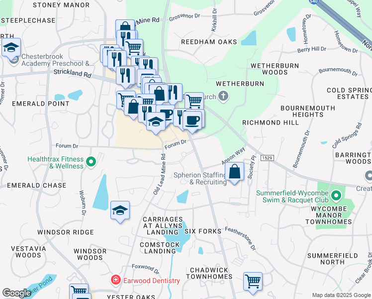 map of restaurants, bars, coffee shops, grocery stores, and more near 8609 Six Forks Rd in Raleigh