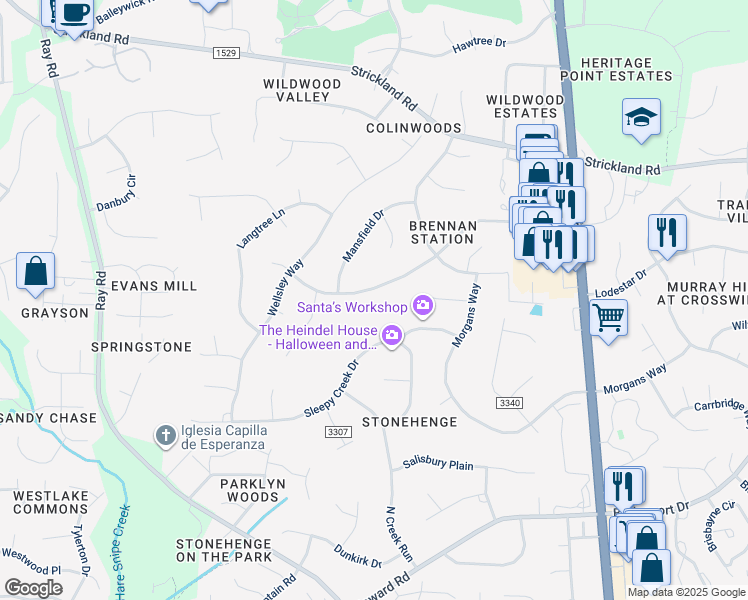 map of restaurants, bars, coffee shops, grocery stores, and more near 3217 Brennan Drive in Raleigh