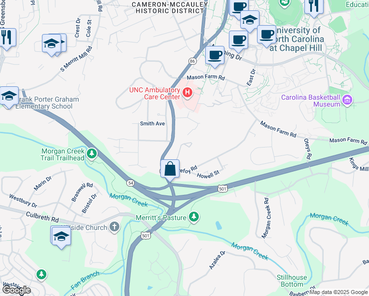 map of restaurants, bars, coffee shops, grocery stores, and more near 10-19 Holland Drive in Chapel Hill