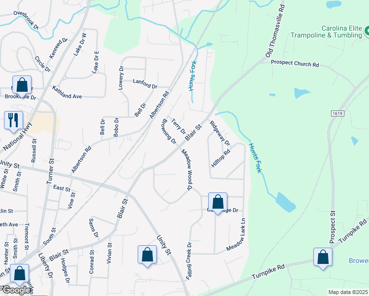 map of restaurants, bars, coffee shops, grocery stores, and more near 105 Meadow Wood Drive in Thomasville