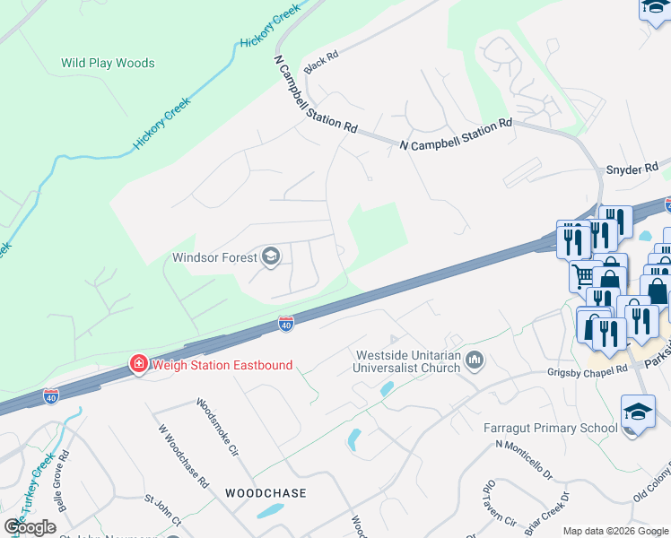map of restaurants, bars, coffee shops, grocery stores, and more near 12008 Hatmaker Lane in Knoxville