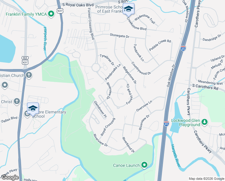 map of restaurants, bars, coffee shops, grocery stores, and more near 604 Hampton Court in Franklin