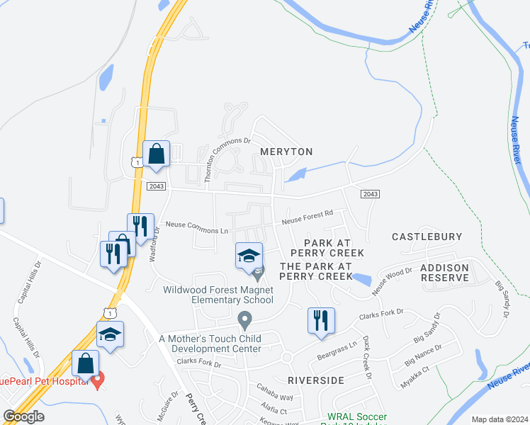 map of restaurants, bars, coffee shops, grocery stores, and more near 8716 Winding River Way in Raleigh