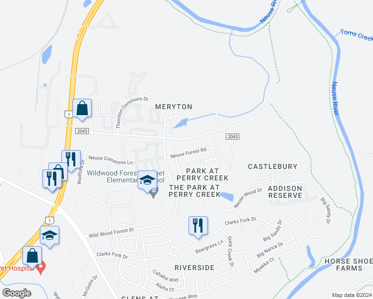 map of restaurants, bars, coffee shops, grocery stores, and more near 5313 Neuse Forest Road in Raleigh
