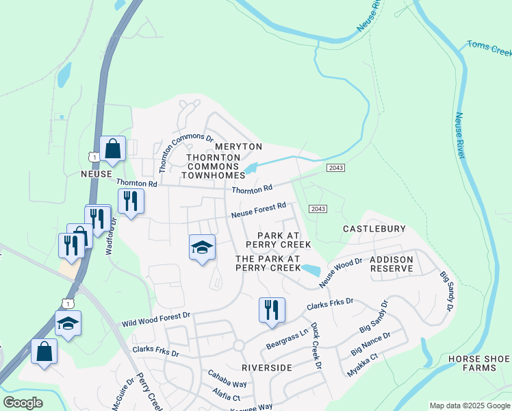 map of restaurants, bars, coffee shops, grocery stores, and more near 5313 Neuse Forest Road in Raleigh
