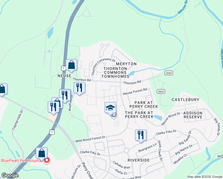 map of restaurants, bars, coffee shops, grocery stores, and more near 5111 Neuse Commons Lane in Raleigh
