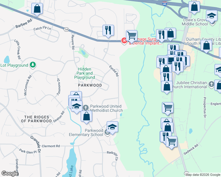 map of restaurants, bars, coffee shops, grocery stores, and more near 111 Bradley Circle in Durham