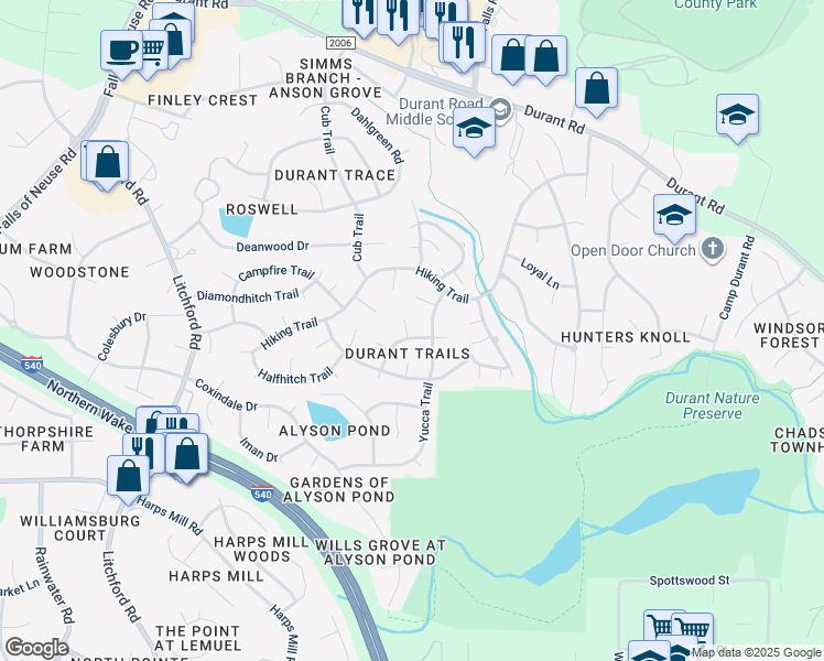 map of restaurants, bars, coffee shops, grocery stores, and more near 2921 Legging Lane in Raleigh