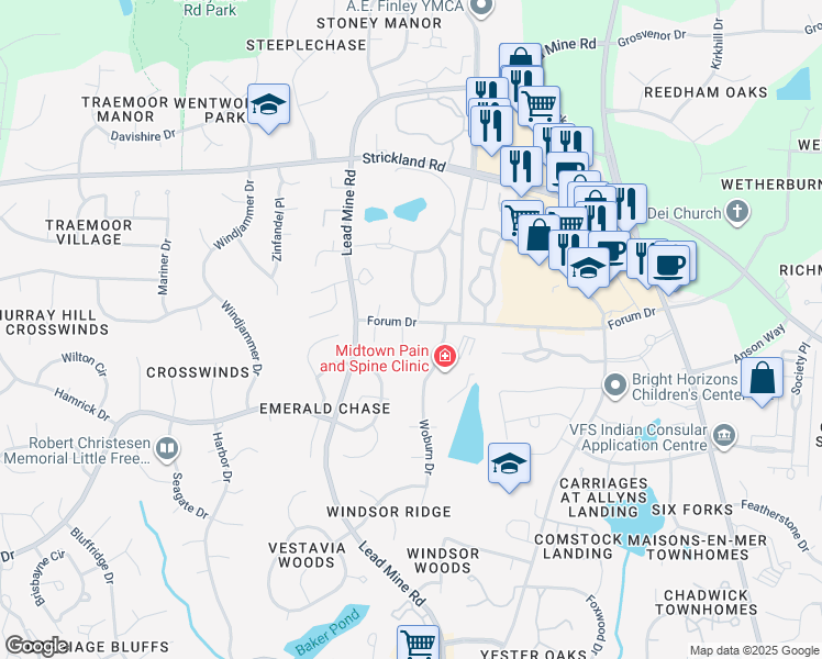 map of restaurants, bars, coffee shops, grocery stores, and more near 8316 Leyburn Court in Raleigh
