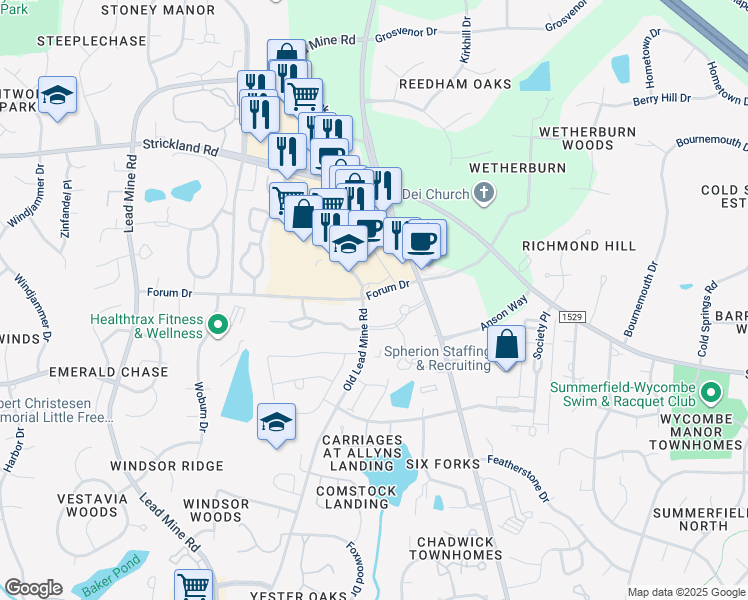 map of restaurants, bars, coffee shops, grocery stores, and more near 8313 Leyburn Court in Raleigh