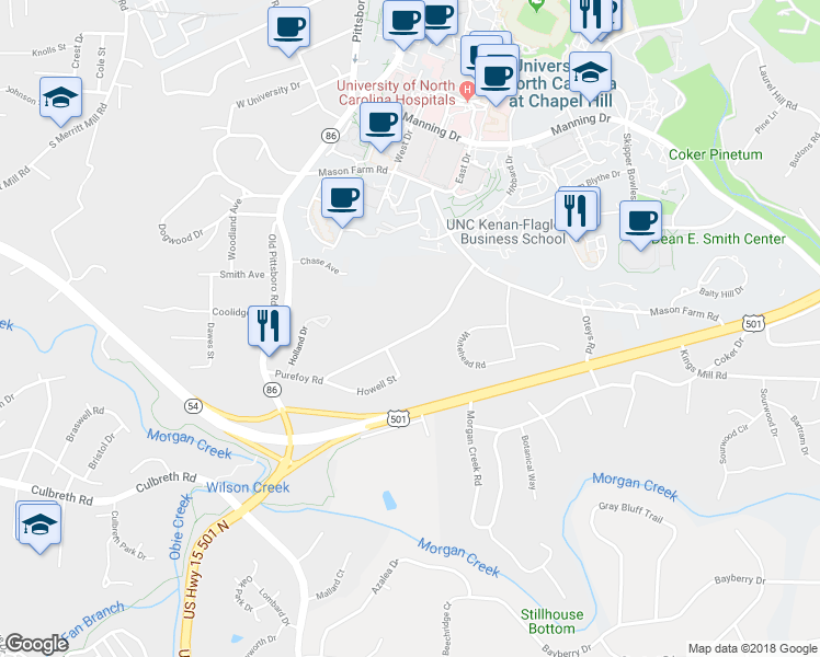 map of restaurants, bars, coffee shops, grocery stores, and more near 124 Purefoy Road in Chapel Hill