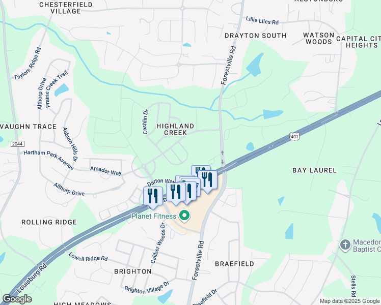 map of restaurants, bars, coffee shops, grocery stores, and more near 2934 Casona Way in Raleigh