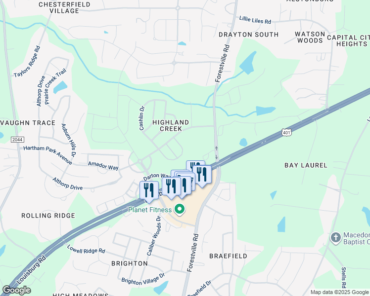 map of restaurants, bars, coffee shops, grocery stores, and more near 2934 Casona Way in Raleigh