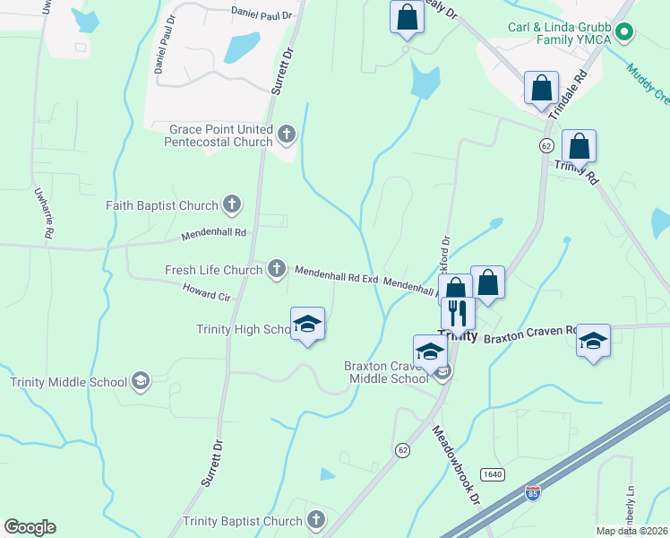map of restaurants, bars, coffee shops, grocery stores, and more near 5871 Mendenhall Road Exd in Archdale