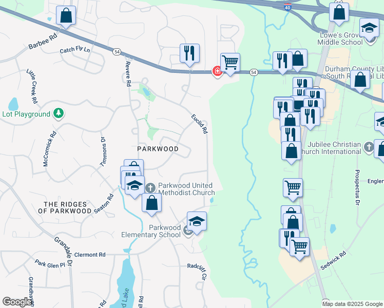 map of restaurants, bars, coffee shops, grocery stores, and more near 111 Bradley Circle in Durham