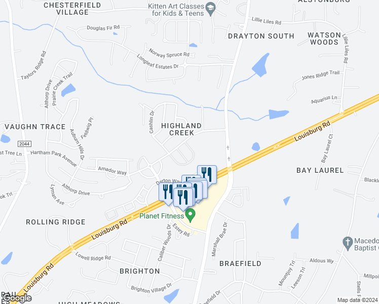 map of restaurants, bars, coffee shops, grocery stores, and more near 2945 Casona Way in Raleigh