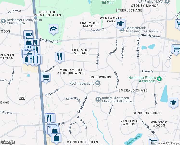 map of restaurants, bars, coffee shops, grocery stores, and more near 8629 Abbotsbury Court in Raleigh