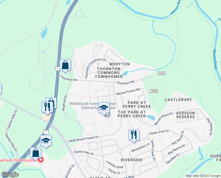 map of restaurants, bars, coffee shops, grocery stores, and more near 8718 Winding River Way in Raleigh