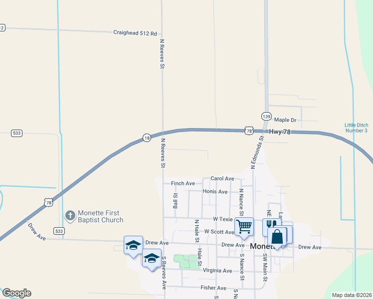 map of restaurants, bars, coffee shops, grocery stores, and more near Old Eli Road in Monette