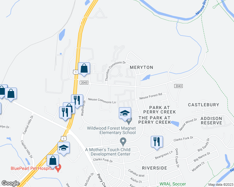 map of restaurants, bars, coffee shops, grocery stores, and more near 5057 Sandy Banks Road in Raleigh