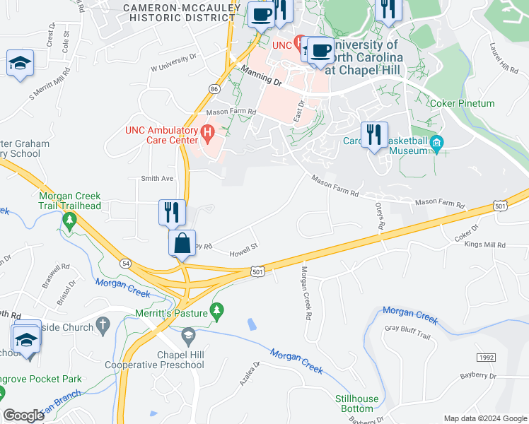 map of restaurants, bars, coffee shops, grocery stores, and more near 124 Purefoy Road in Chapel Hill