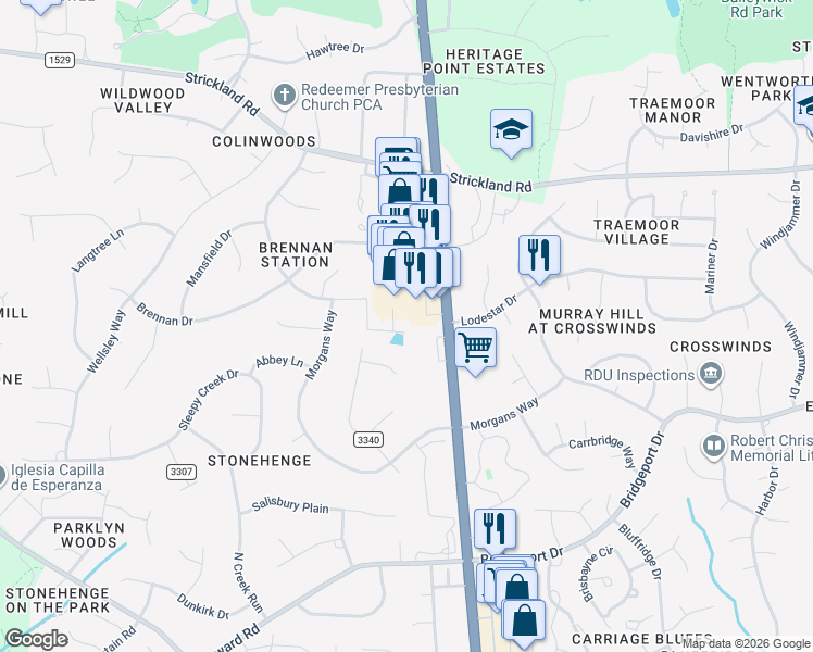 map of restaurants, bars, coffee shops, grocery stores, and more near 3008 Oxbow Court in Raleigh