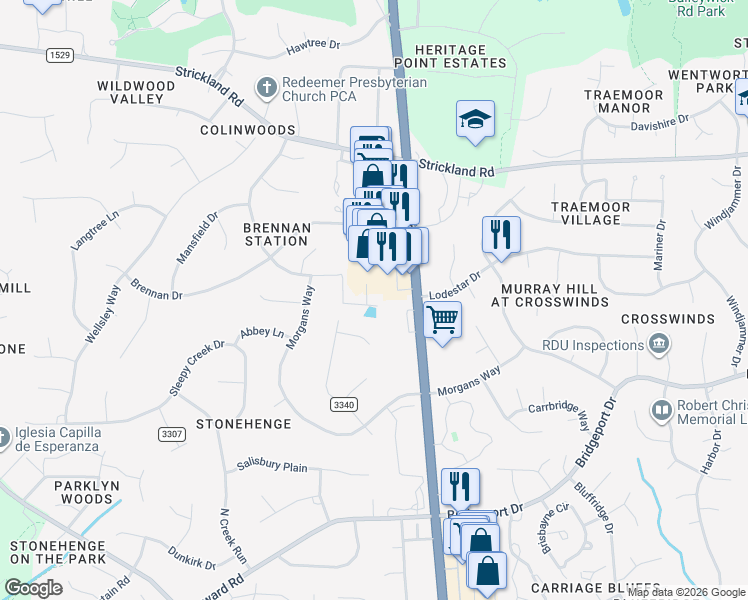 map of restaurants, bars, coffee shops, grocery stores, and more near 3008 Oxbow Court in Raleigh