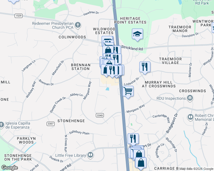 map of restaurants, bars, coffee shops, grocery stores, and more near 3008 Oxbow Court in Raleigh