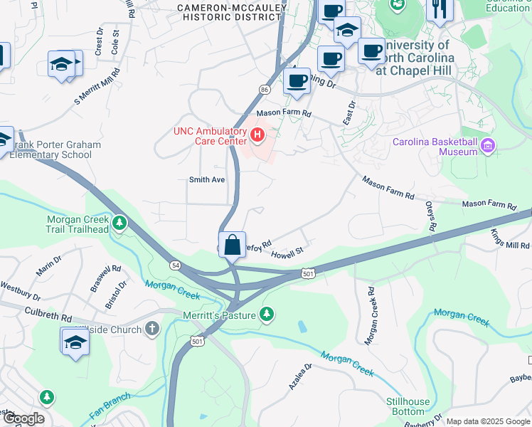 map of restaurants, bars, coffee shops, grocery stores, and more near 10-19 Holland Drive in Chapel Hill