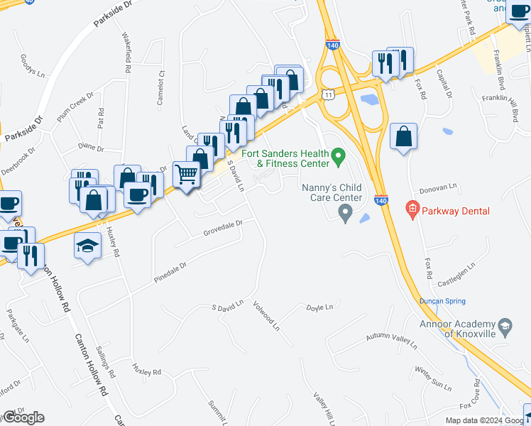 map of restaurants, bars, coffee shops, grocery stores, and more near 306 South David Lane in Knoxville