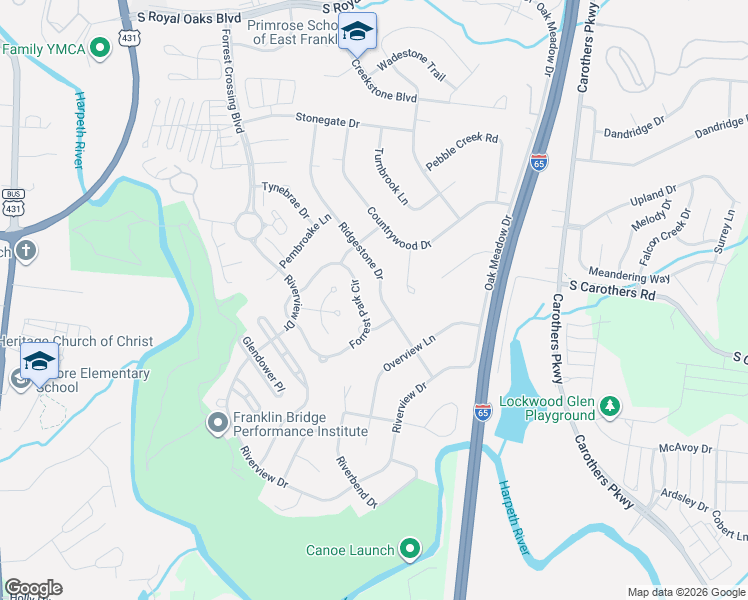 map of restaurants, bars, coffee shops, grocery stores, and more near 320 Bridgeway Drive in Franklin
