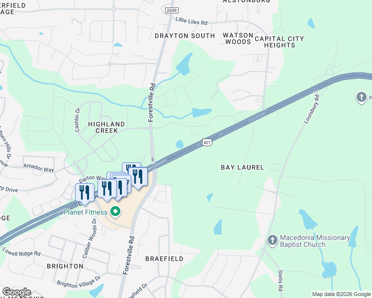 map of restaurants, bars, coffee shops, grocery stores, and more near 8705 Louisburg Road in Wake Forest