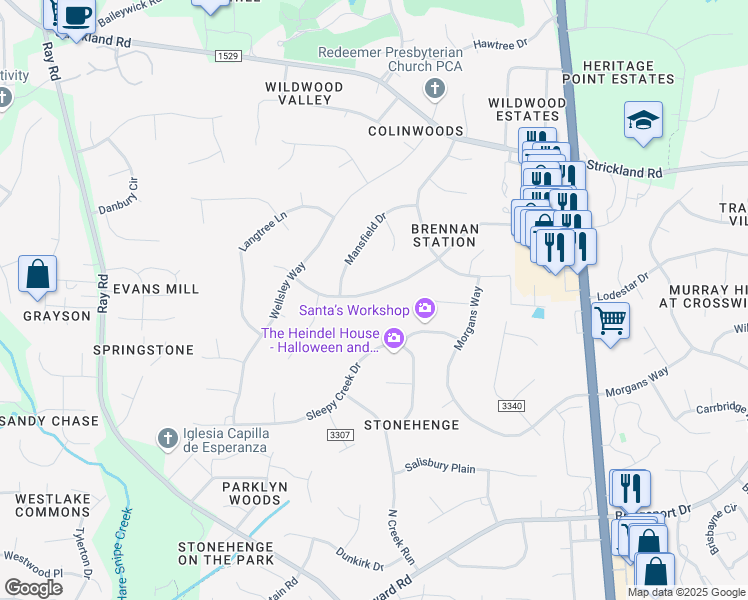 map of restaurants, bars, coffee shops, grocery stores, and more near 3217 Brennan Drive in Raleigh