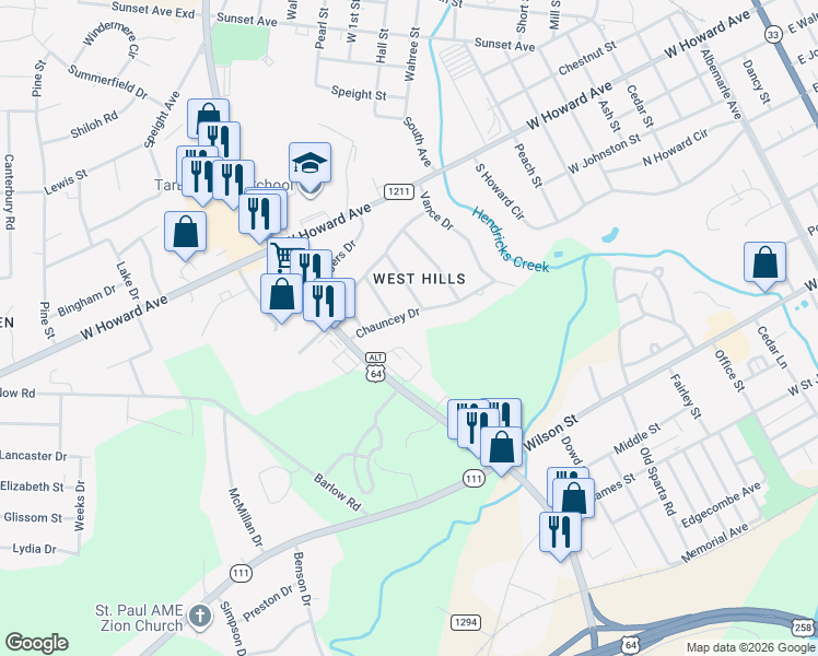 map of restaurants, bars, coffee shops, grocery stores, and more near 911 Western Boulevard in Tarboro