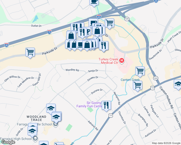 map of restaurants, bars, coffee shops, grocery stores, and more near 10837 Dineen Drive in Knoxville