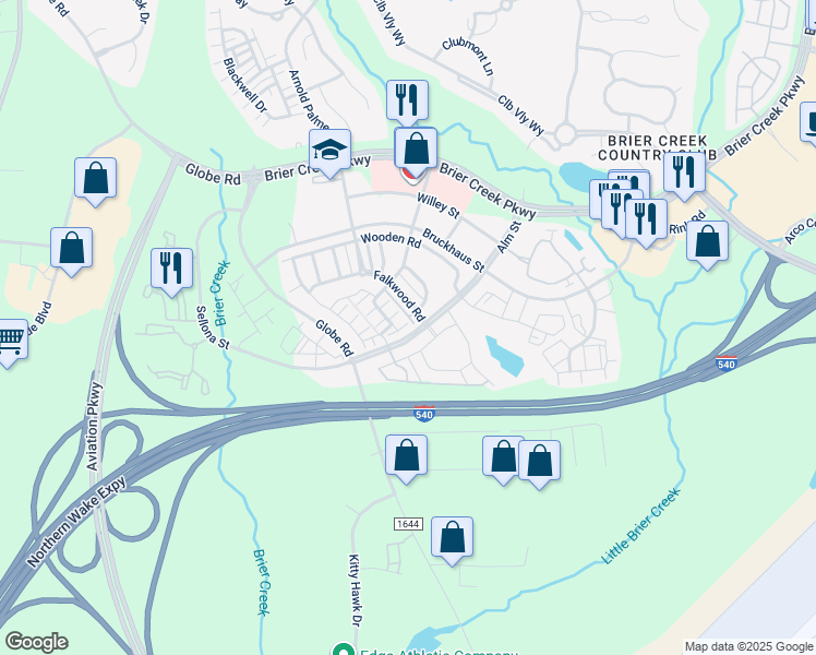 map of restaurants, bars, coffee shops, grocery stores, and more near 10114 Falkland Avenue in Raleigh