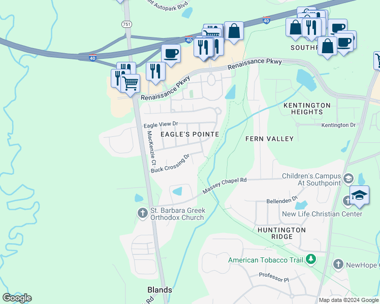 map of restaurants, bars, coffee shops, grocery stores, and more near 8300 Buck Crossing Drive in Durham