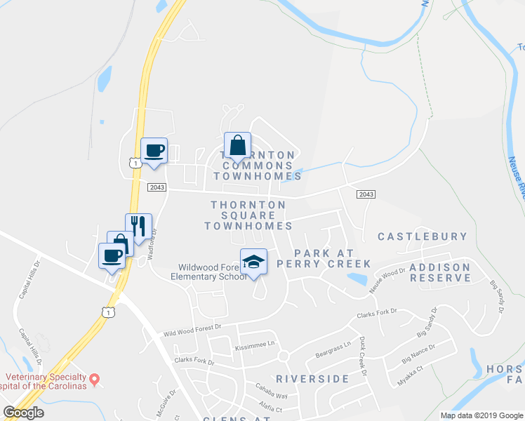 map of restaurants, bars, coffee shops, grocery stores, and more near 8720 Winding River Way in Raleigh