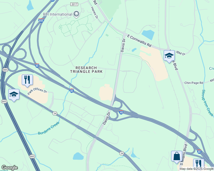 map of restaurants, bars, coffee shops, grocery stores, and more near 12 Davis Drive in Durham
