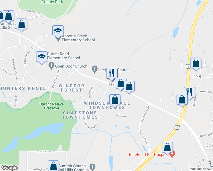 map of restaurants, bars, coffee shops, grocery stores, and more near 9100 Leslieshire Drive in Raleigh