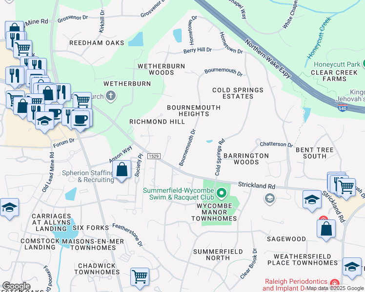 map of restaurants, bars, coffee shops, grocery stores, and more near 8409 Bournemouth Drive in Raleigh
